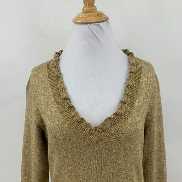 Chaps Metallic Shimmer Sweater Womens Ruffle V Neck 3/4 Sleeve Pullover Blouson - Picture 3 of 10